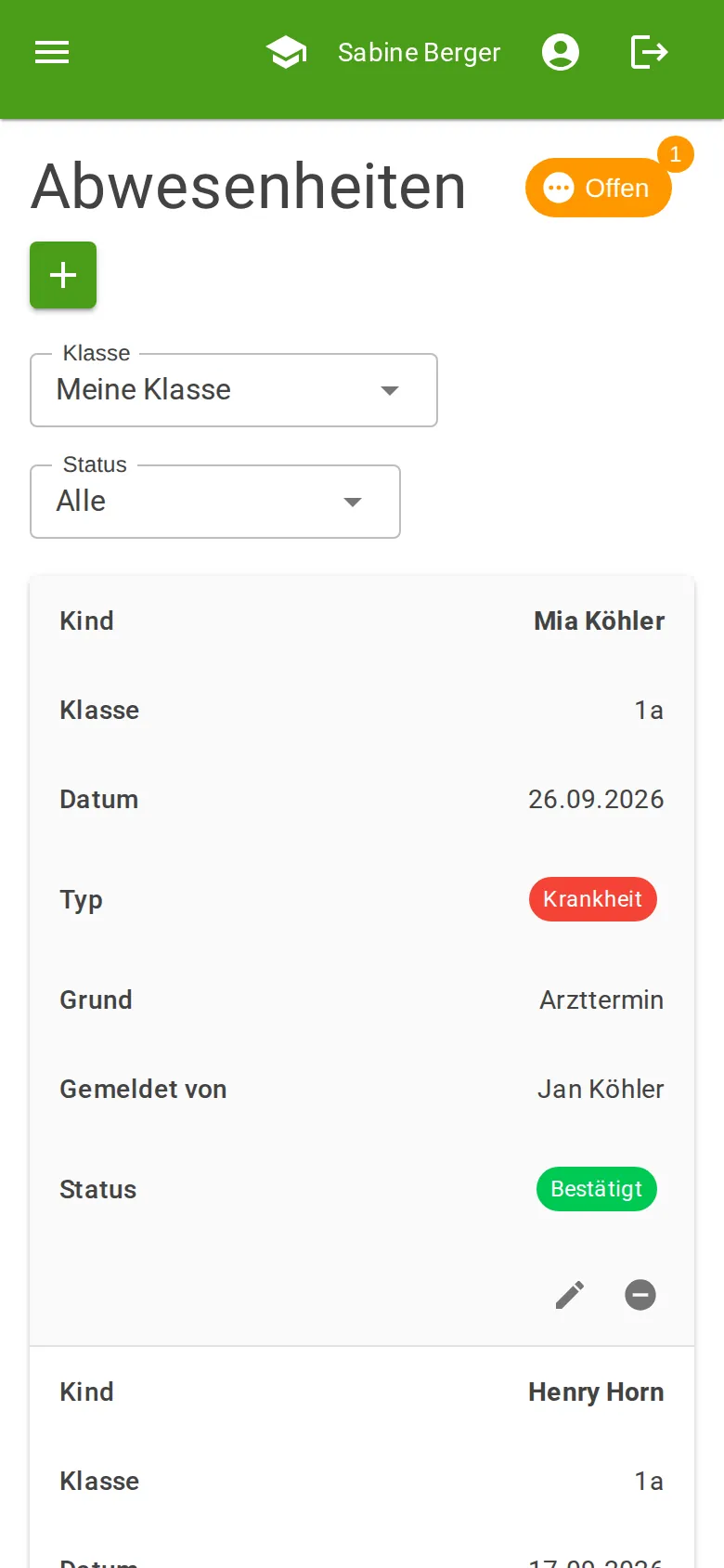 Liste der Abwesenheiten auf dem Handy