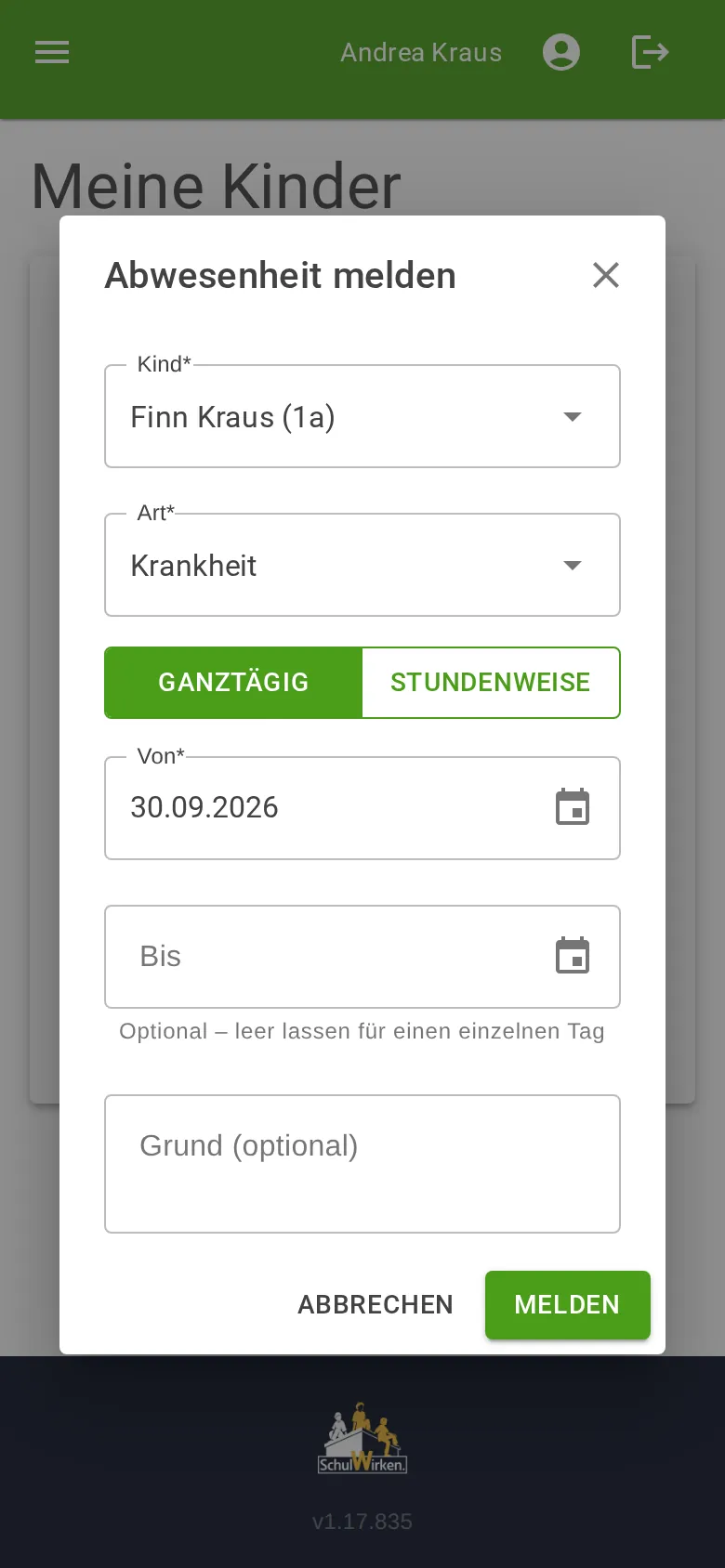 Krankmeldung auf dem Handy: Eltern wählen Zeitraum und Grund