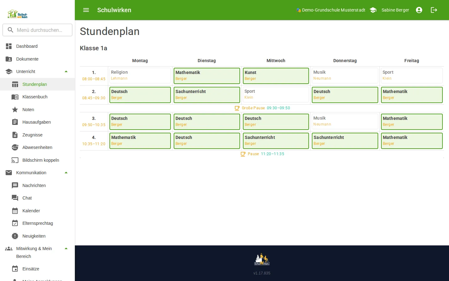 Stundenplan einer Klasse als Wochenraster im Browser