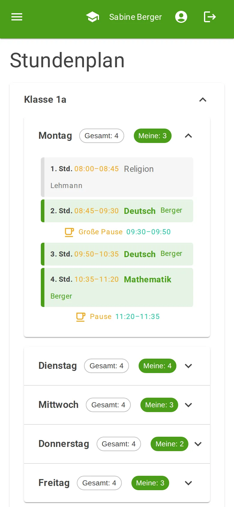 Stundenplan auf dem Handy, Montag aufgeklappt